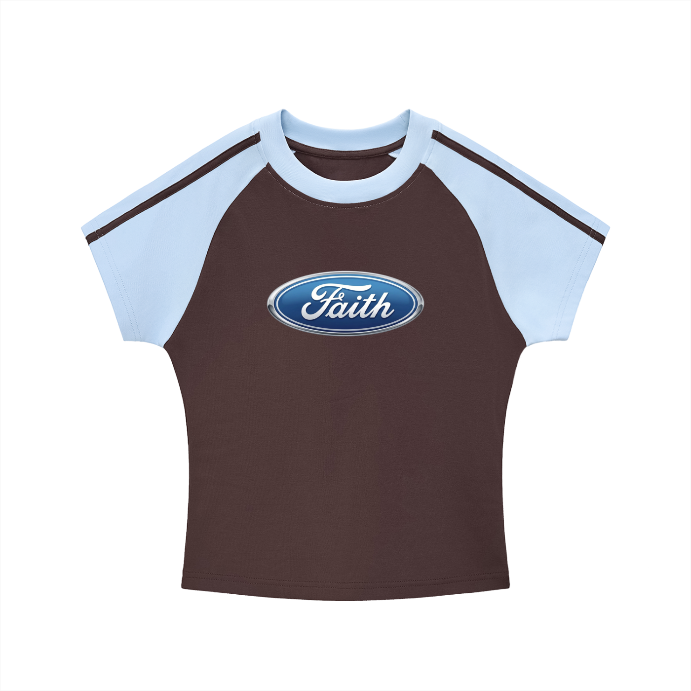 Y2K Baby Tee,Raglan Crop Top,Moto Aesthetic,Faith Logo Shirt,Brown and Blue Tee,Racing Stripe Shirt,Vintage Logo Flip,Christian Streetwear,2000s Fashion,Fitted Graphic Tee