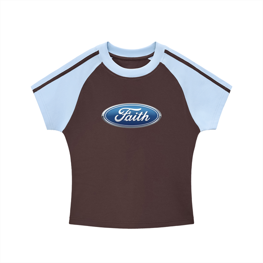 Y2K Baby Tee,Raglan Crop Top,Moto Aesthetic,Faith Logo Shirt,Brown and Blue Tee,Racing Stripe Shirt,Vintage Logo Flip,Christian Streetwear,2000s Fashion,Fitted Graphic Tee