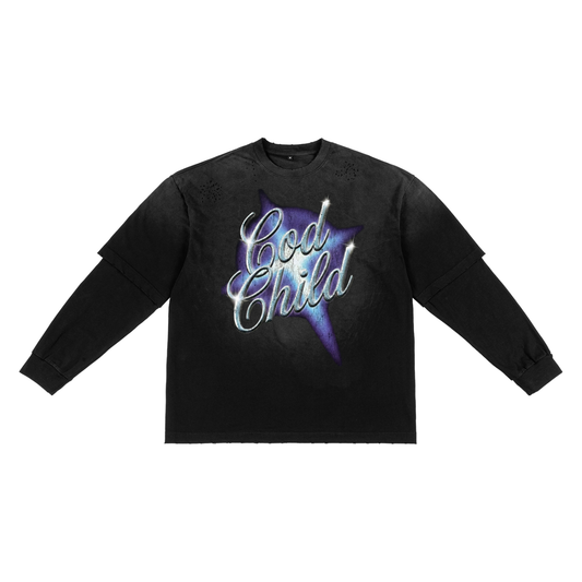 Grunge Christian,God Child Shirt,Acid Wash Long Sleeve,Distressed Tee, Chrome Graphic,Vintage Wash,Y2K Streetwear,Religious Rock Aesthetic,Oversized Fit,Mineral Wash,Edgy Faith Apparel