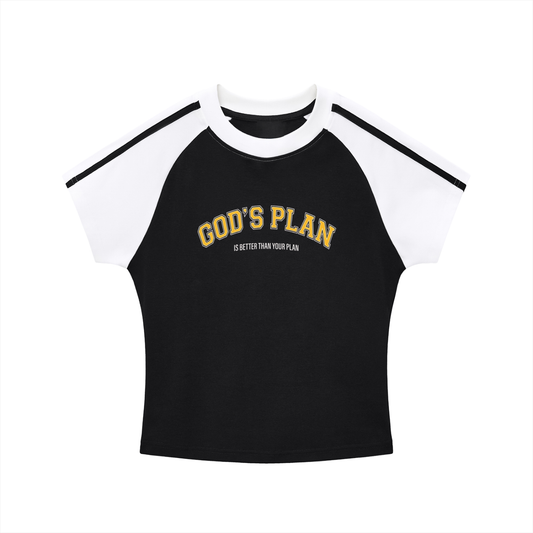 Raglan Baby Tee,God's Plan Shirt,Y2K Baby Tee,Varsity Aesthetic,Christian Streetwear,Black and White Tee,Faith Apparel,Collegiate Style,Racing Stripe Shirt,Retro Fashion