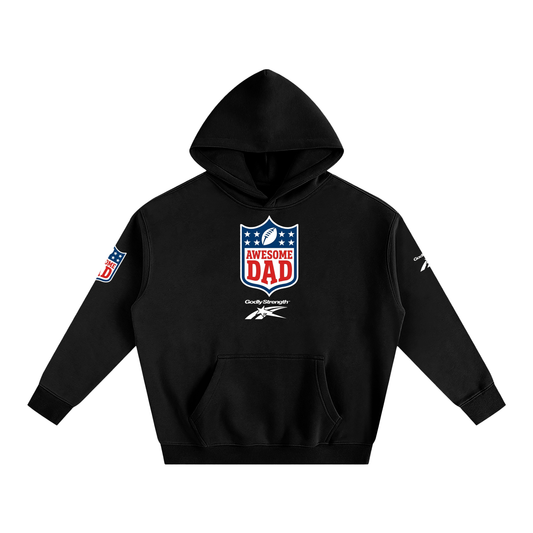 Black Dad Hoodie,Football Graphic Sweatshirt,Men's Pullover Hoodie,Graphic Shield Hoodie,Sports Theme Sweatshirt,Retro Sports Merch,Football Aesthetic,Varsity Style,Team Apparel Vibe,Dad Gear