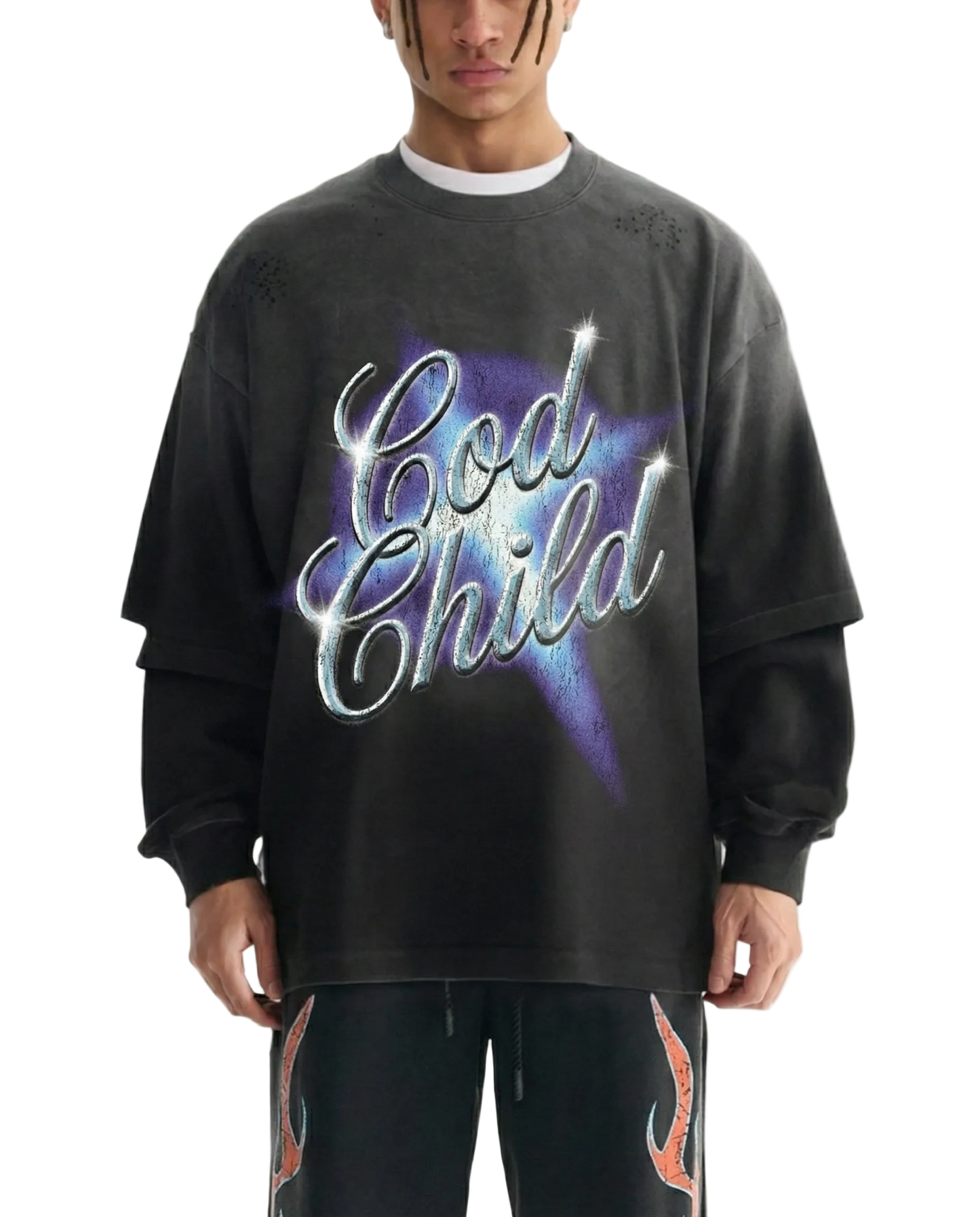 Person wearing a black oversized sweatshirt with 'God Child' text on a white background