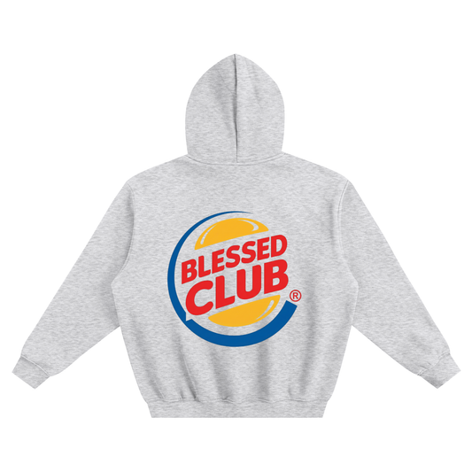 Blessed Club,Christian Streetwear,Retro Fast Food Logo,Burger Parody,Faith Based Hoodie,Y2K Fashion,Jesus Merch,Front and Back Print,Streetwear Hoodie,Religious Clothing