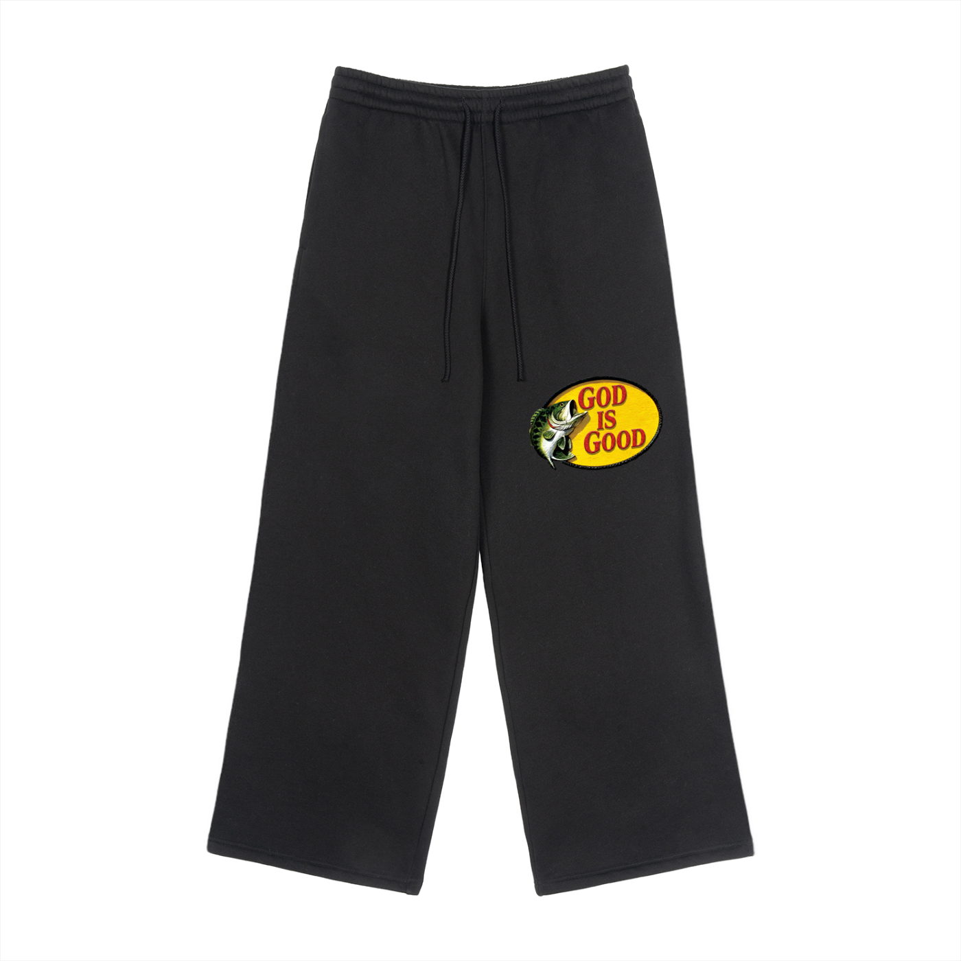 God Is Good Sweatpants,Bass Graphic Apparel,Christian Streetwear,Relaxed Fit Sweats,Black Fleece Pants,Faith Based Clothing,Retro Outdoor Style,Jesus and Fishing,Men's Wide Leg Sweatpants,Unisex Christian Gift