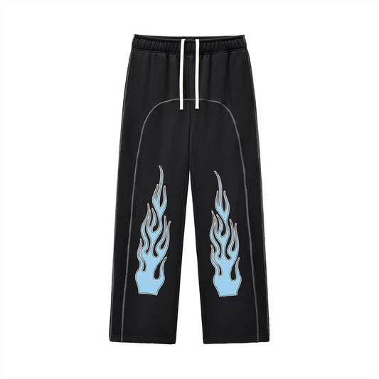 Y2K Streetwear,Moto Pants,Flame Print Sweatpants,Contrast Stitch Joggers,Racing Aesthetic,Blue Tribal Flames,Faith Clothing,Heavyweight Fleece,Biker Fashion,Wide Leg Sweatpants