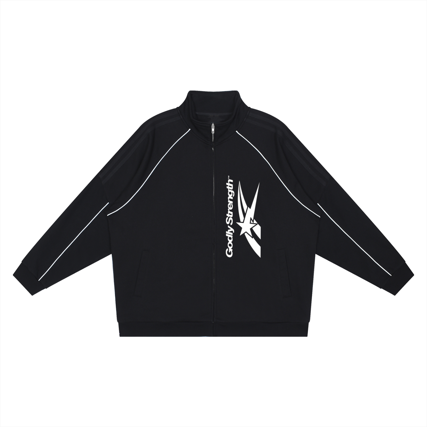 Track Jacket,Warm Up Top,Godly Strength,Christian Activewear,Retro Sportswear,Black Zip Up,Contrast Piping,Y2K Fashion,Gym Jacket,Faith Based Apparel