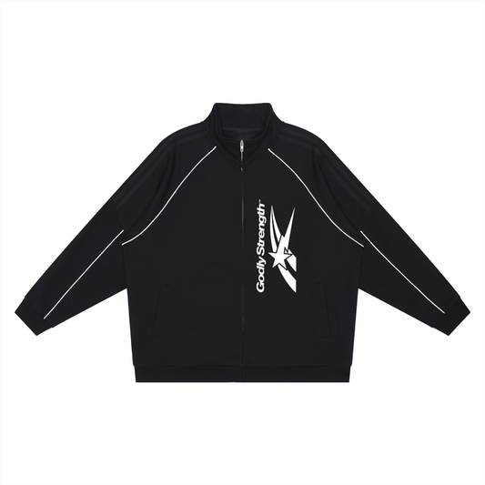 Track Jacket,Warm Up Top,Godly Strength,Christian Activewear,Retro Sportswear,Black Zip Up,Contrast Piping,Y2K Fashion,Gym Jacket,Faith Based Apparel